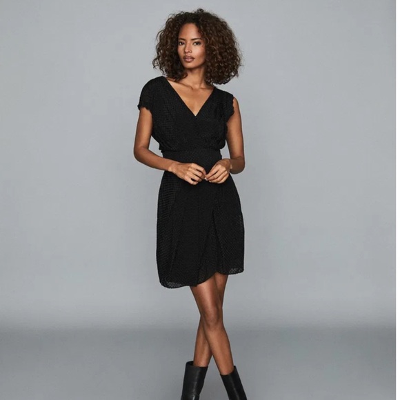 Reiss | Leonora Draped Silk Textured Mini Dress in Black Lace Detail Hidden Zip - Picture 2 of 9